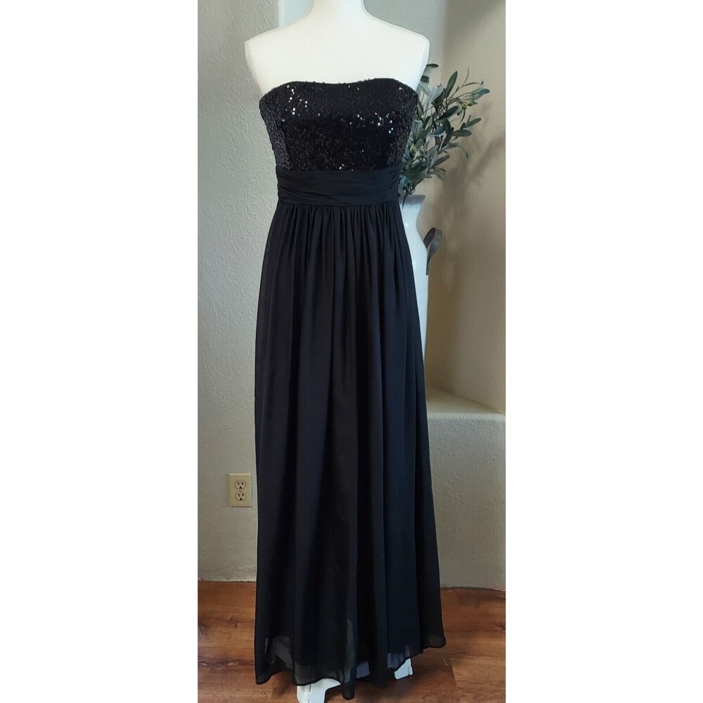 Badgley Mischka Black Strapless Formal Sequin Chiffon Silk Flowing Gown Size 2
